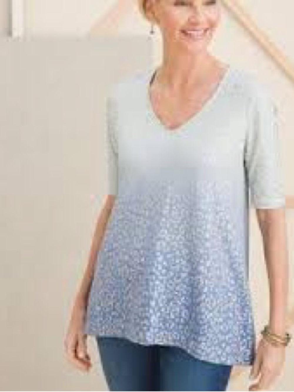 Chico's Light Blue Ombre Foiled Leopard Print V-Neck Tunic Blouse Size 1 (M)